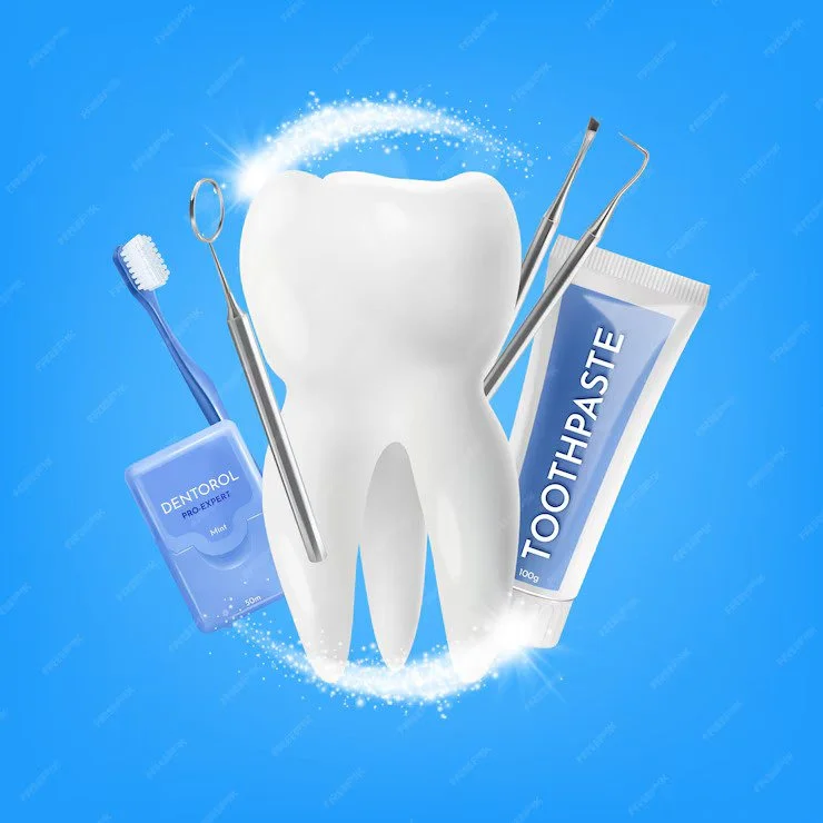 Tooth surrounded by floss, toothbrush and toothpaste